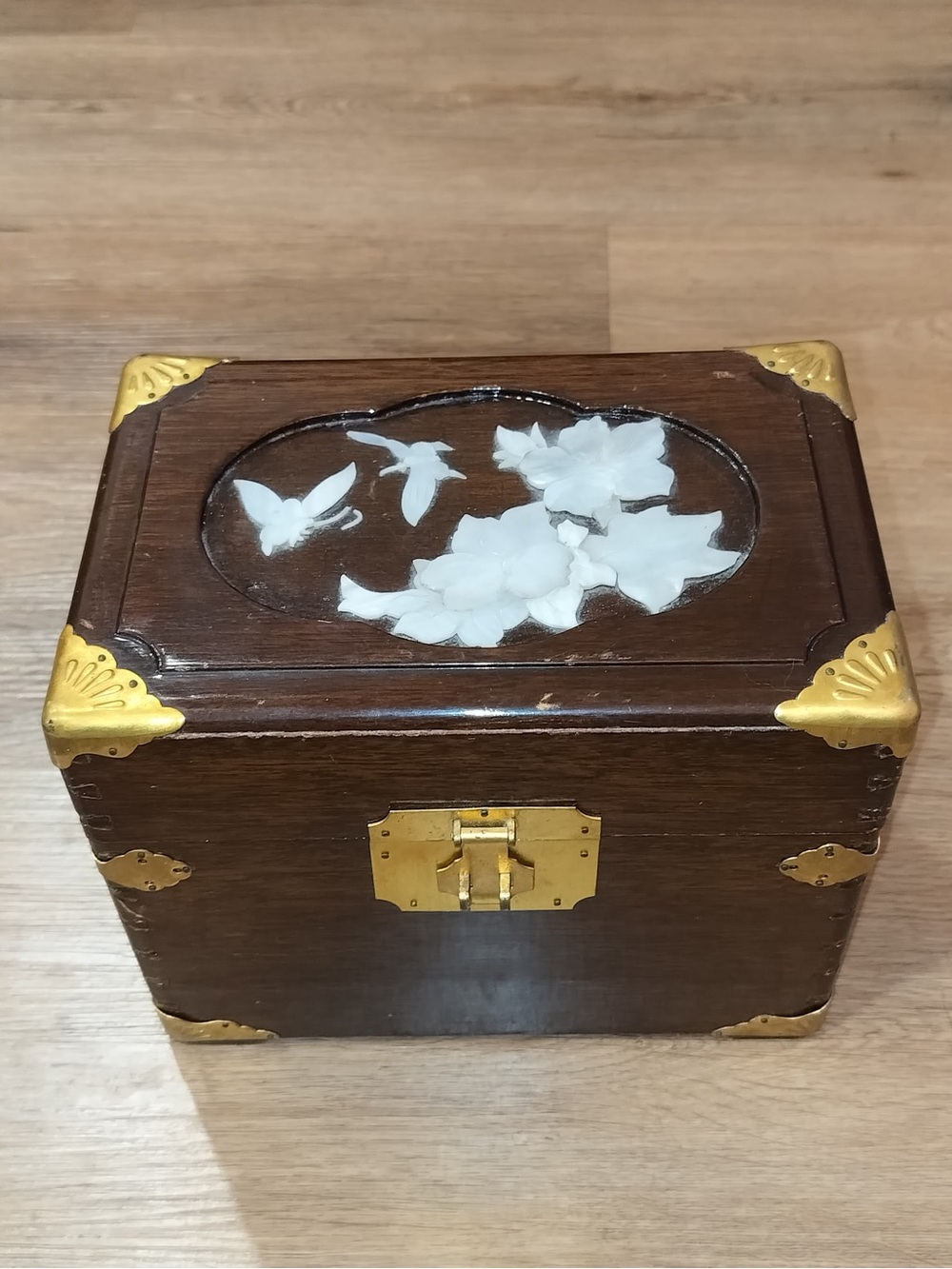 Vintage Brass & Wood Jewelry Box Mother of Pearl Bird Inlay